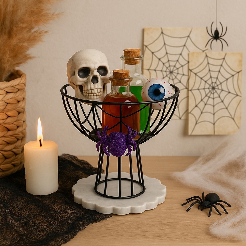 197. 🐣 Halloween Black Wire Spider Web Stand with Purple Glitter Spider – NWOT